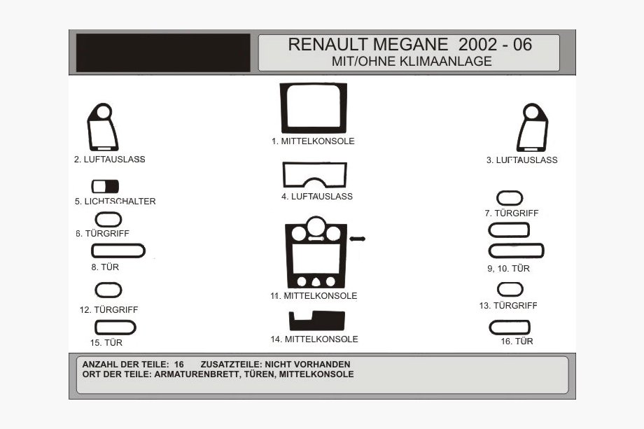 Renault Megane II 2004–2009 Instrumentpanelinlägg, set 16 delar (Hartman, Polen) Image