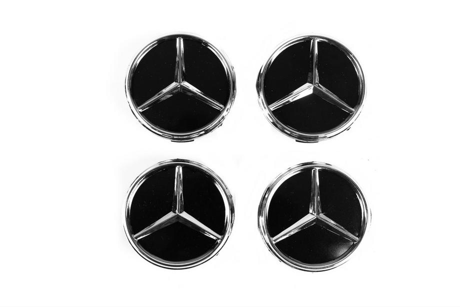 Mercedes-Benz Fälgcentrumkåpor 71/74 mm utan ring (4 st, svarta med kromad logotyp) Foto 2