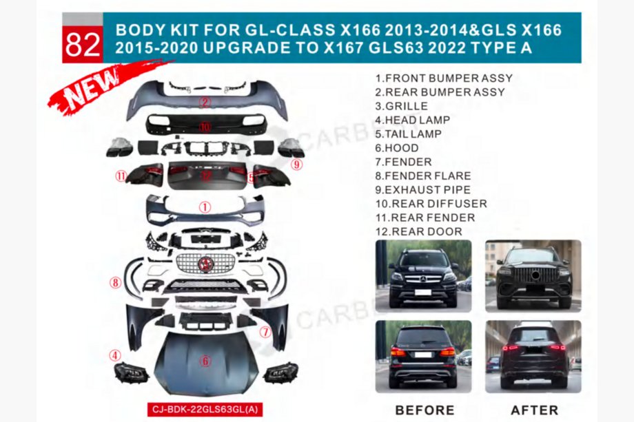 Mercedes GL/GLS-klass X166 2012–2019 Facelift-ombyggnadssats från X166 till GLS63 X167 (Type-A) Image