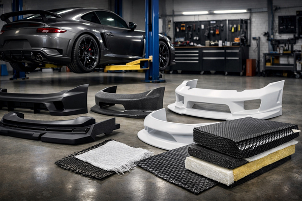 Bodykit/kjolpaket/spoilers: välj material (ABS vs PP vs FRP vs carbon) utan sprickor