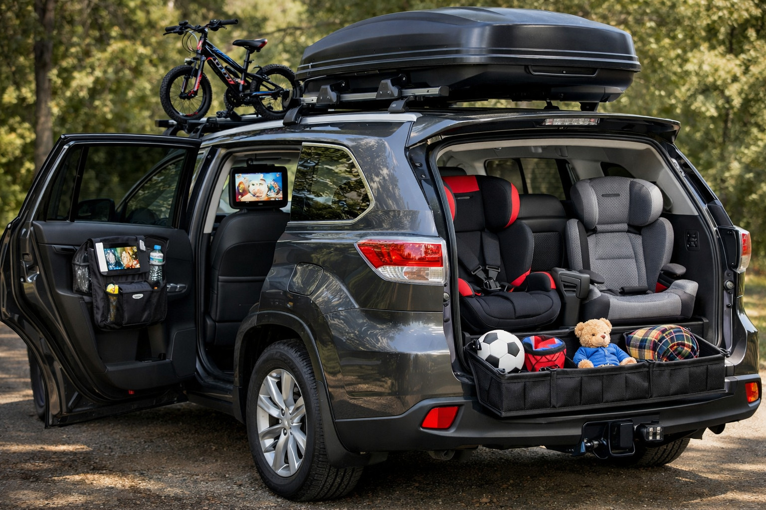 Startuppgradering för Toyota Highlander 2013-2019: barn, bagage och tredje raden