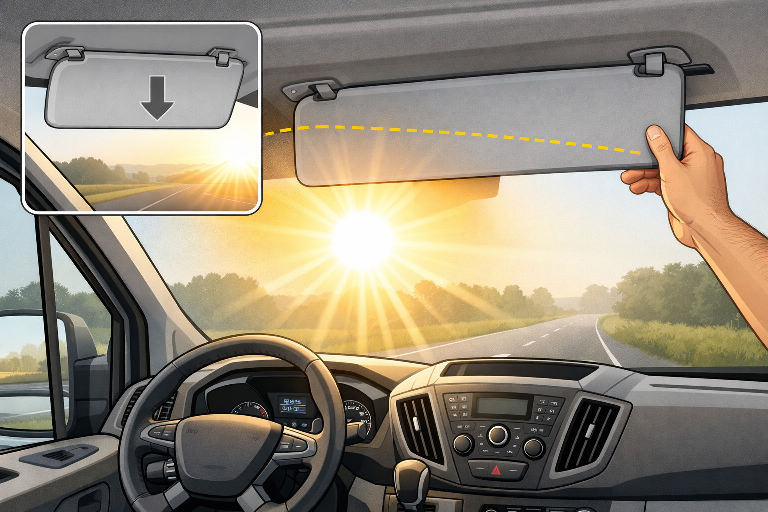 Så tar du bort bländande sol i vindrutan på Ford Transit vid morgonkörning