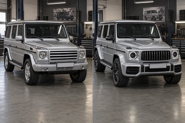 Mercedes G-Class W463 i G63 2018+-stil: vad kan monteras – stötfångare, strålkastare, speglar