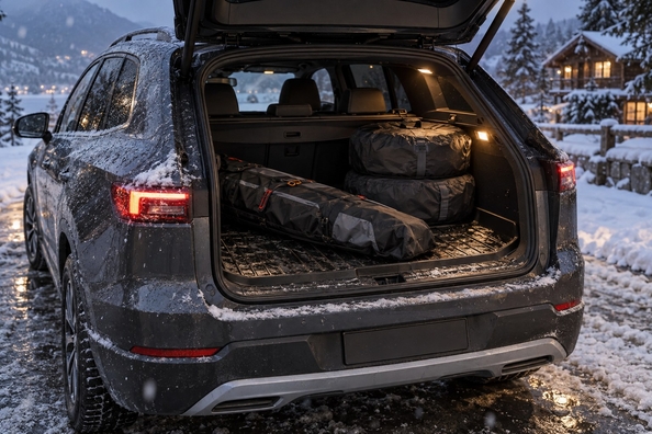 Bagagerumsmatta på vintern: snö från skidor och däck, salt, gran — gummi, EVA eller textil Foto 2